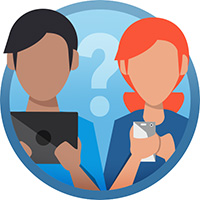 Cartoon people holding a tablet and phone in a blue circle with a question mark behind them