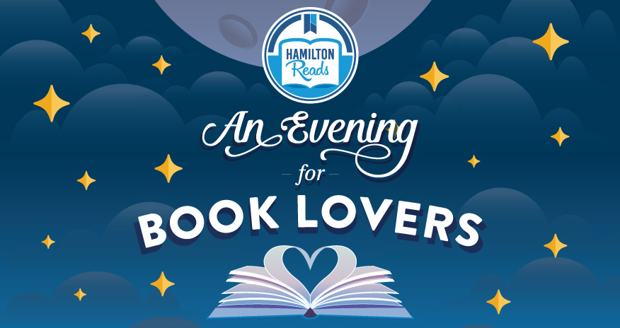 graphic of night sky with text hamilton erads an evening for book lovers