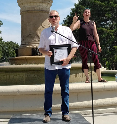 Paul takala addressing the Hamilton Pride 2018 attendees