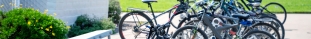 Picture of bike rack full of bikes, with a garden on the left