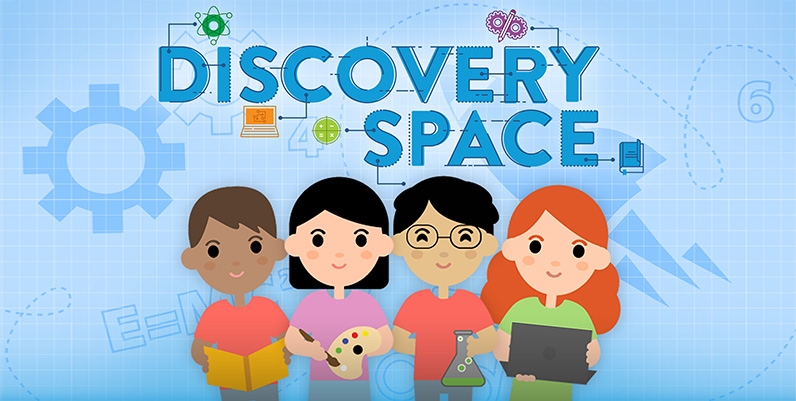Discover Space graphic of kids with text discovery space