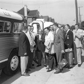 photo of Tiger Cats leave by bus for a Western Game 