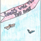 drawing of books flying with text Books will take you away 