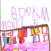 drawing of a bus with books with text I love the Bookmobile 