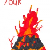 drawing of volcano with text Read it sparks your imagination 
