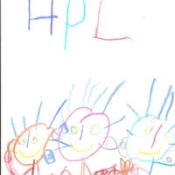 drawing of stick people in a garden with text We love HPL 