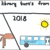 drawing of a horse carriage a bus and a rocket 