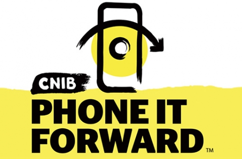 CNIB Phone it Forward. An image of a cell phone with a yellow background.