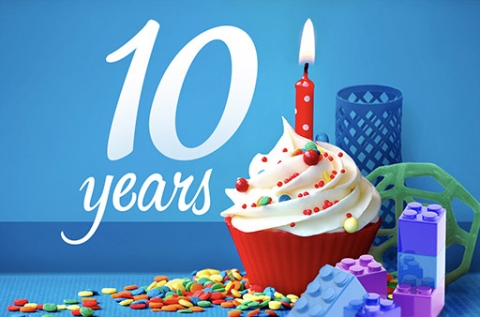 Turner Park turns 10. An image of a cupcake with one candle and 3d printed objects surrounding it with the text 10 years.
