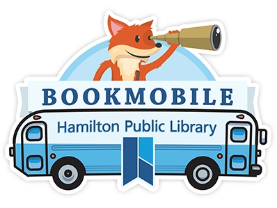 HPL bookmobile with text National Bookmobile Day on the lower left